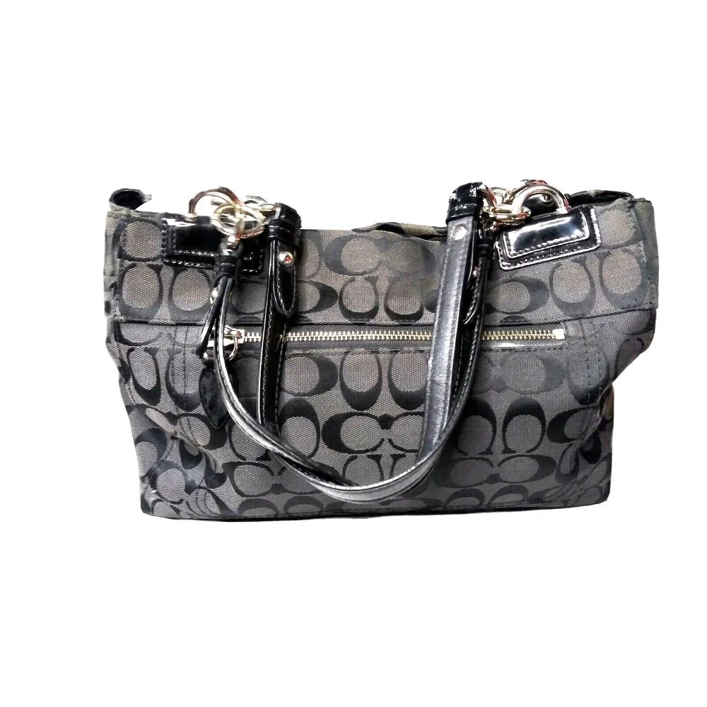 COACH F16580 Black Logo Canvas & Leather Handbag Python Embossed Accent